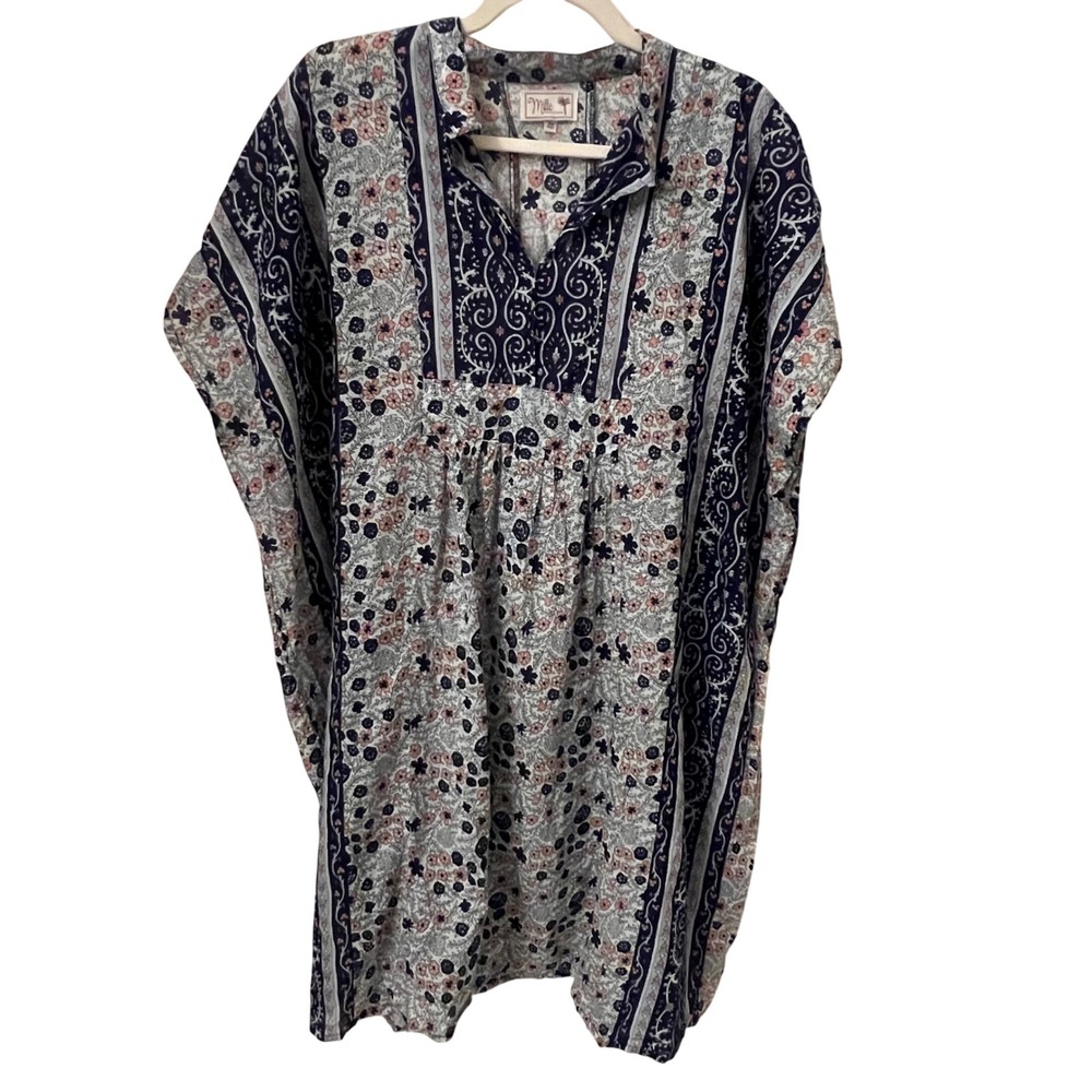 Mille Resort & Travel Cotton Kaftan Dress Navy Floral Block Print 
One Size